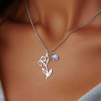 Birthday Flower with Birthstone Necklace, 925s Silver Gold Vermeil ,Birthday Gift Month Flower Birthday Stone Necklace , Personalized Flower Necklace .  gift for her