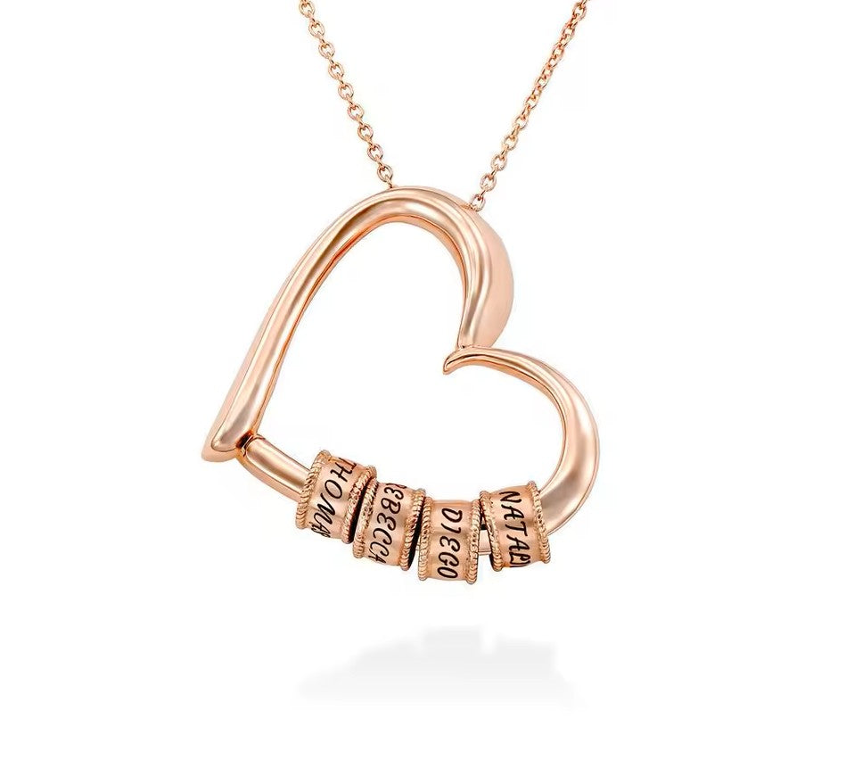 Custom Engraved Heart Pendant Necklace • 925s Silver Gold Vermeil • Personalized Kids , Family Name Necklace with Engraved Beads • Gift for Her
