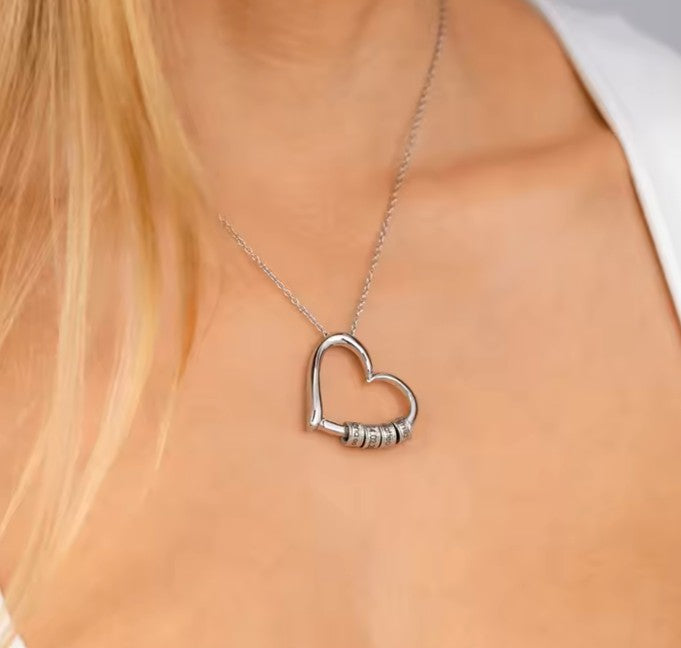 Custom Engraved Heart Pendant Necklace • 925s Silver Gold Vermeil • Personalized Kids , Family Name Necklace with Engraved Beads • Gift for Her