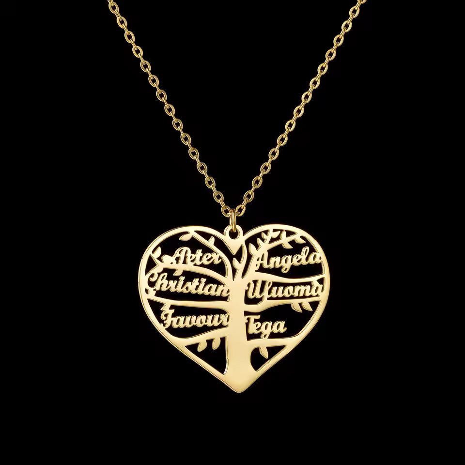 Personalized Family Name & Birthstones Necklace, Family Tree Heart Necklace, 925s Silver Gold Vermeil, Mother's Day Gift, Engraved Name Necklace, Grandma Necklace