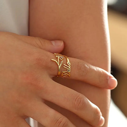 Birth Month Flower Name Ring 925s Silver , Dainty Personalized Custom Birth Flower & Name Ring, Personalized Gift , Gift For Her.