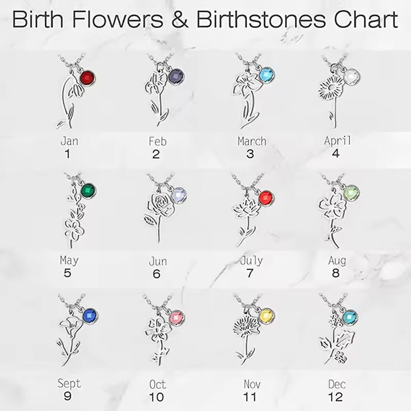 Birthday Flower with Birthstone Necklace, 925s Silver Gold Vermeil ,Birthday Gift Month Flower Birthday Stone Necklace , Personalized Flower Necklace .  gift for her
