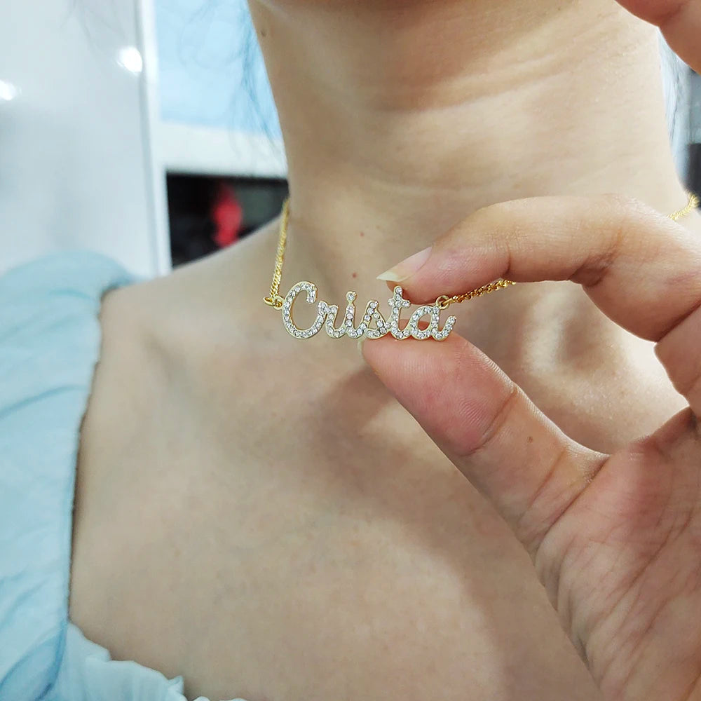 Pavé Script Name Necklace - s925 silver Gold Vermeil personalized zircon Custom Diamond Name Necklace - Personalized Cursive Name Necklace