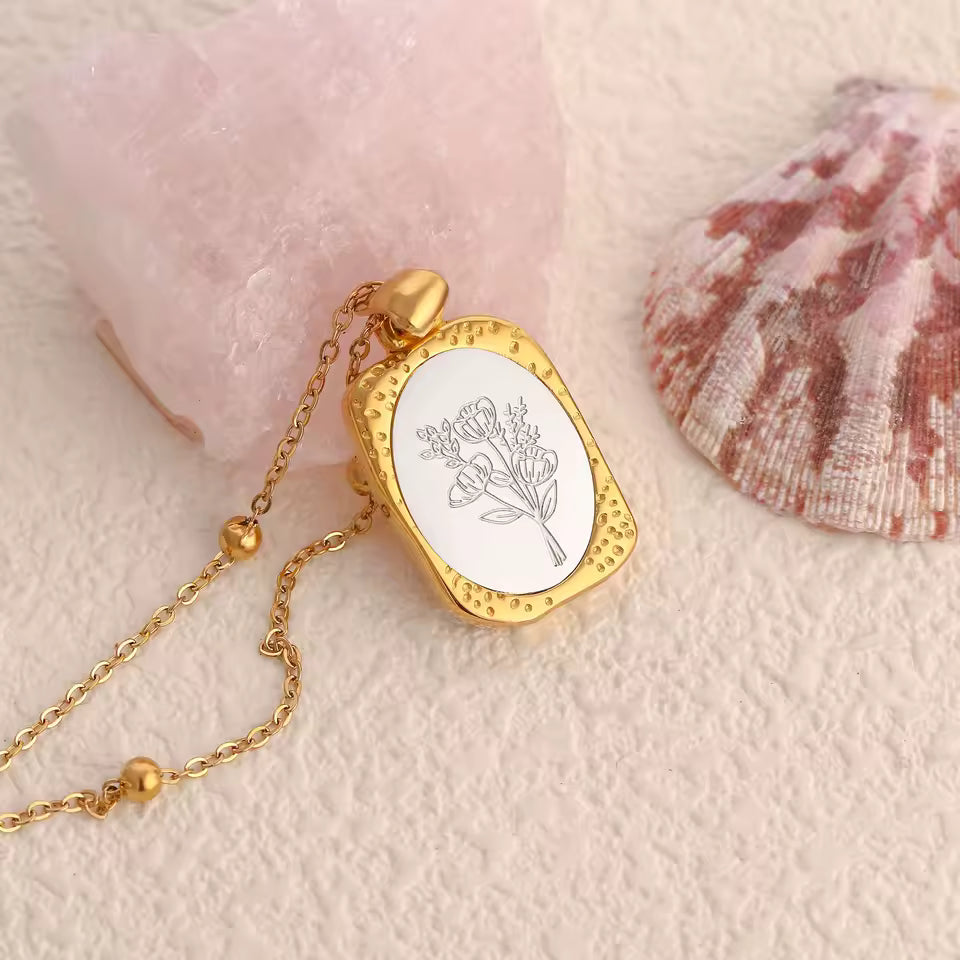 Birth Flower Necklace, 925s Silver Gold Vermeil, Personalized Rectangle Pendant Necklace, Best Mom Necklace, Gift for her, birthday gift