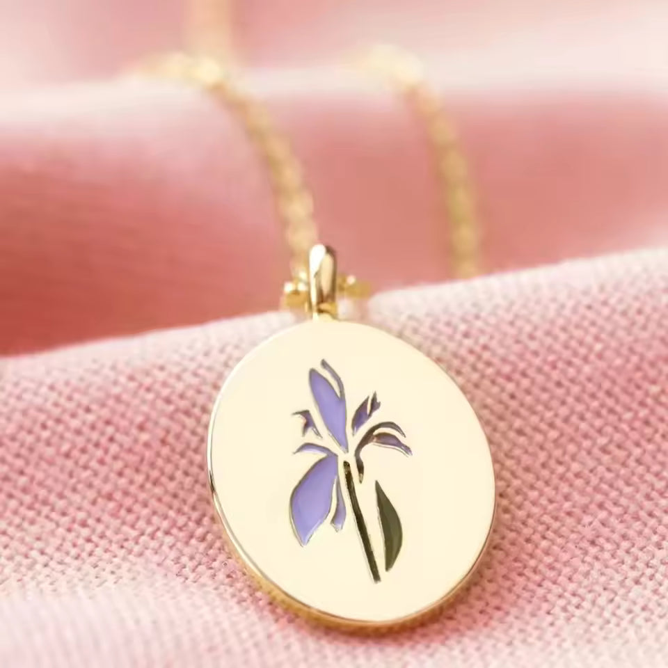 Birth Flower Necklace, 925s Silver Gold Vermeil , Engraved Floral Designs Personalized oval Pendant , Personalized Colorful Oval Pendant Necklace,  Best Mom Necklace,  Gift for her , birthday gift
