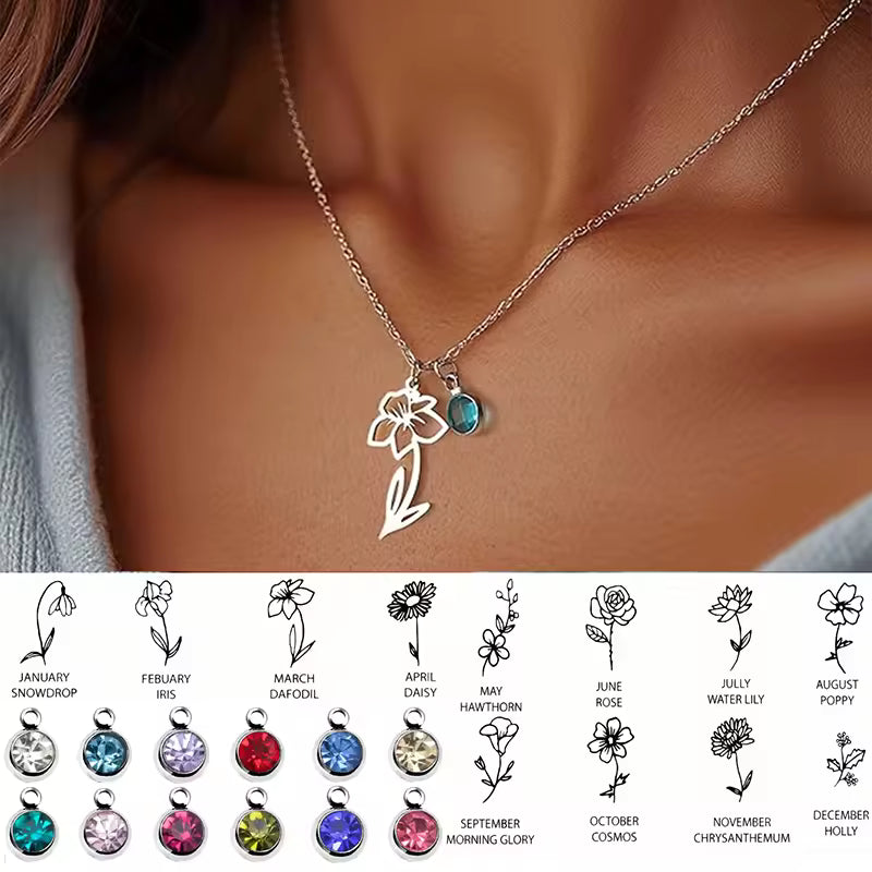 Birthday Flower with Birthstone Necklace, 925s Silver Gold Vermeil ,Birthday Gift Month Flower Birthday Stone Necklace , Personalized Flower Necklace .  gift for her