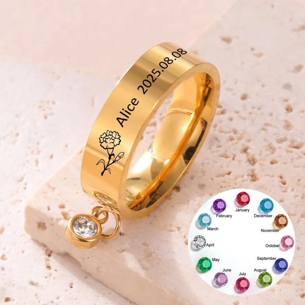 Personalized Birth Flower Ring with Birthstone – Custom Name Engraved Ring – 925 Sterling Silver & Gold Vermeil – Gift for Women, Wife, Girlfriend