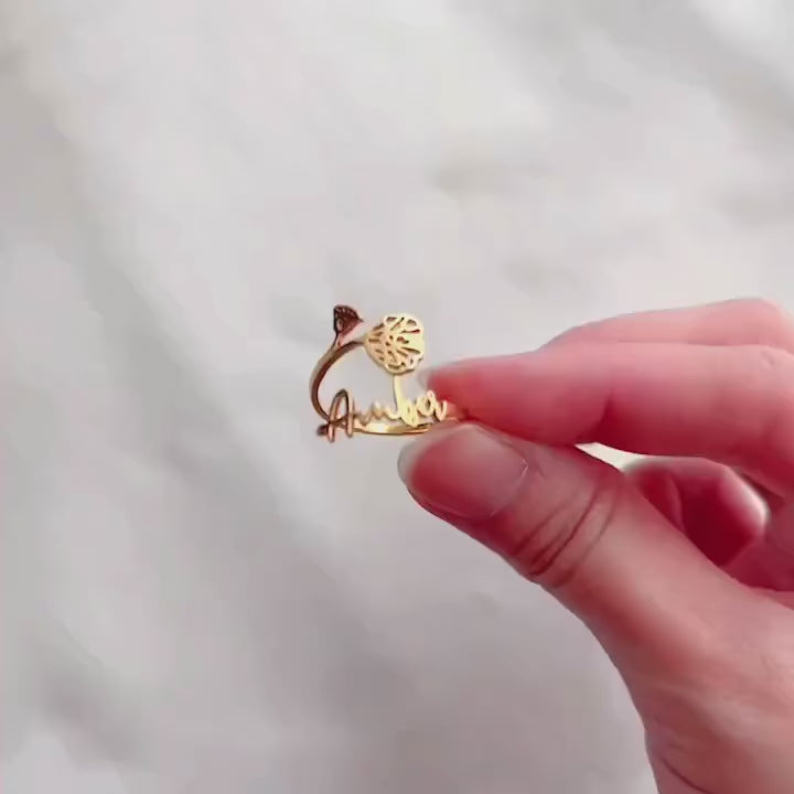 Birth Month Flower Name Ring 925s Silver , Dainty Personalized Custom Birth Flower & Name Ring, Personalized Gift , Gift For Her.