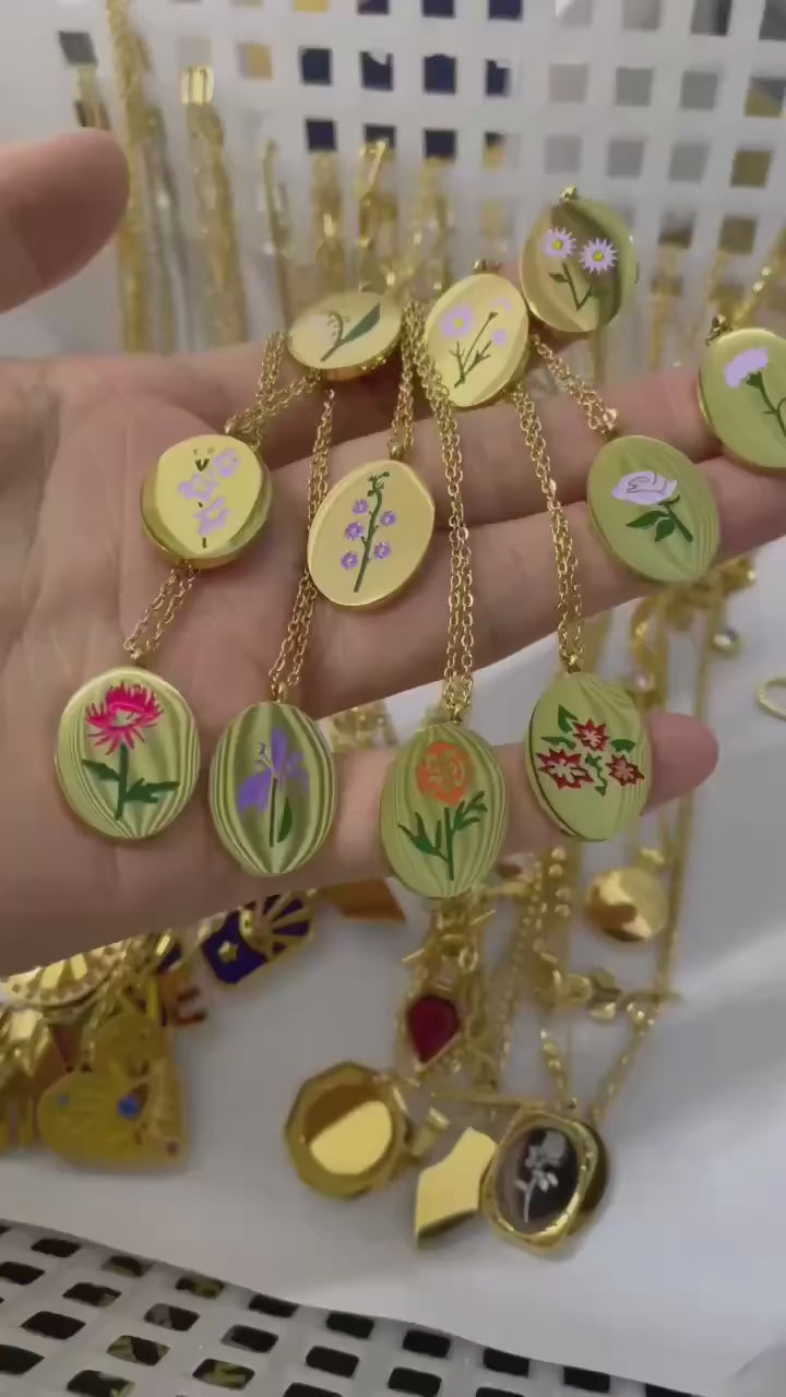 Birth Flower Necklace, 925s Silver Gold Vermeil , Engraved Floral Designs Personalized oval Pendant , Personalized Colorful Oval Pendant Necklace,  Best Mom Necklace,  Gift for her , birthday gift