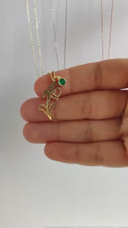 Birthday Flower with Birthstone Necklace, 925s Silver Gold Vermeil ,Birthday Gift Month Flower Birthday Stone Necklace , Personalized Flower Necklace .  gift for her