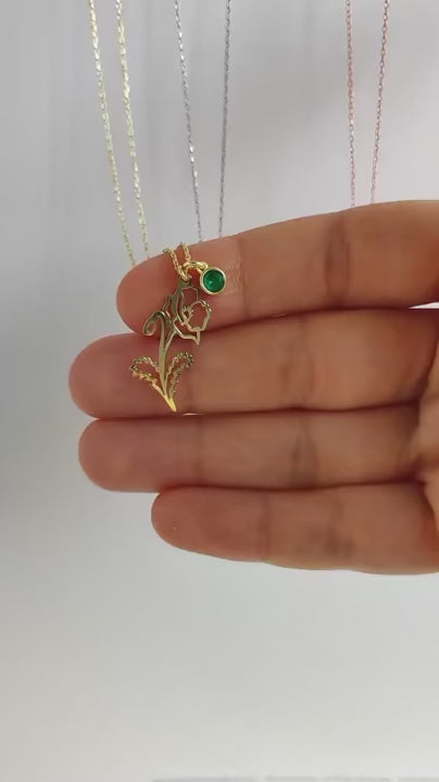 Birthday Flower with Birthstone Necklace, 925s Silver Gold Vermeil ,Birthday Gift Month Flower Birthday Stone Necklace , Personalized Flower Necklace .  gift for her