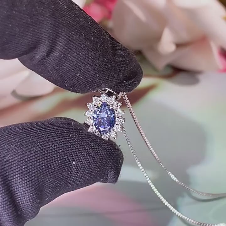 Oceanic Gleam royal blue oval moissanite , Certified GRA , S925 sterling silver necklace